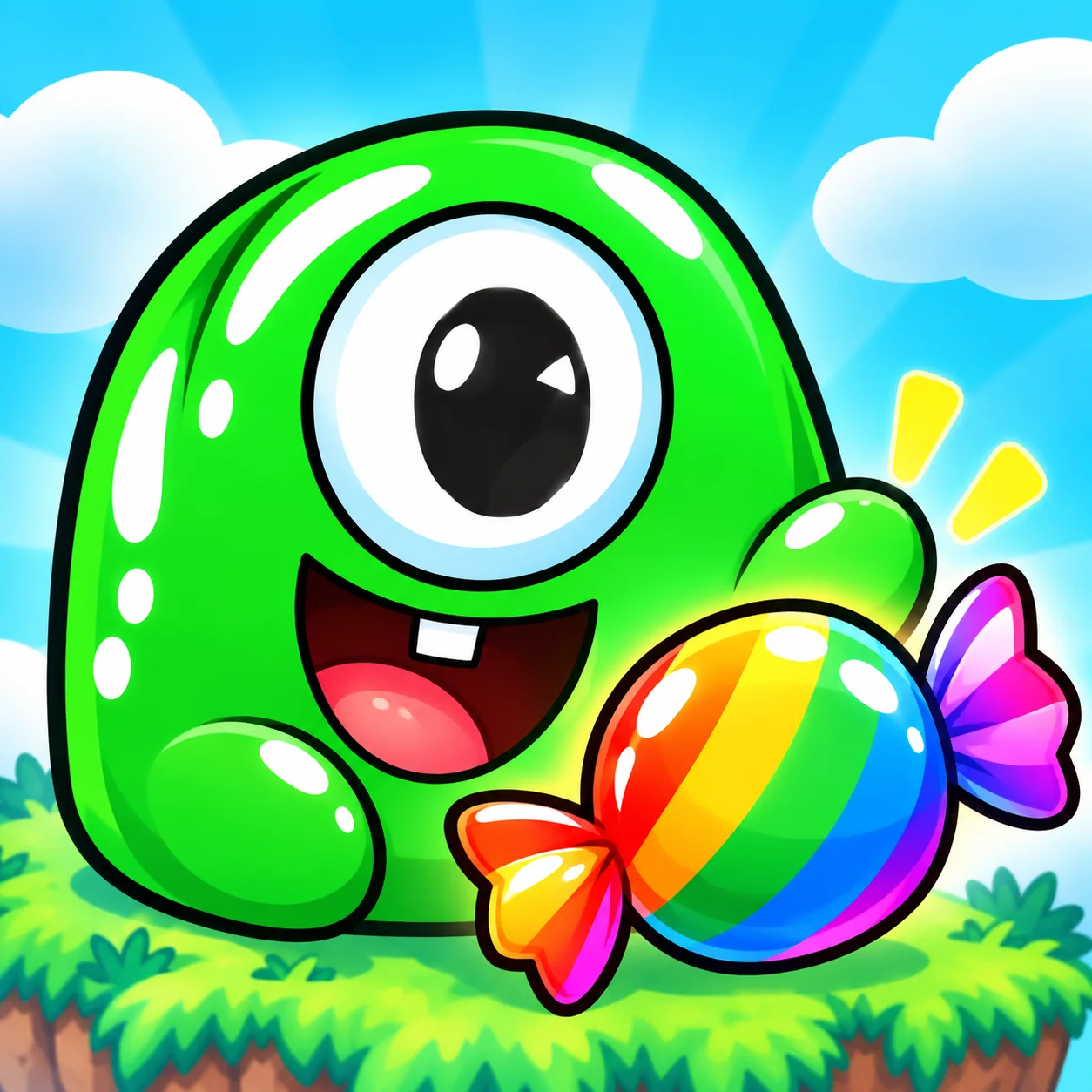 A very happy green Gloop with one big eye, one little tooth, and a rainbow candy.